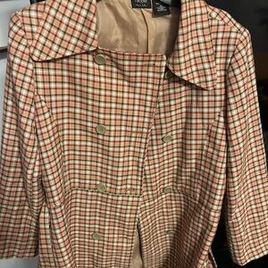 Nicole Miller Plaid Double-Breasted Trench Coat in Cream, Red, Tan